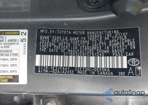 2007 Toyota Corolla Ce from USA, damaged, VIN 2T1BR32E97C781240